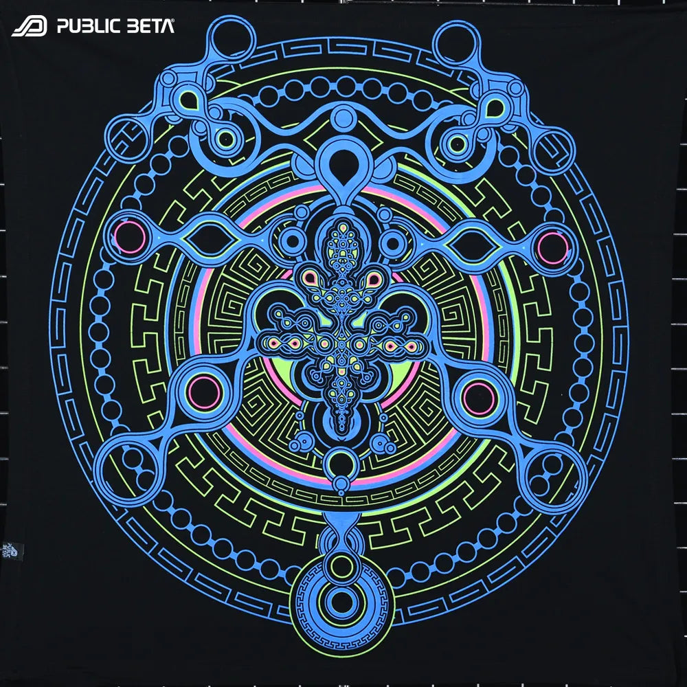 Wallhanging with UV-reactive psychedelic art print, photographed in natural light