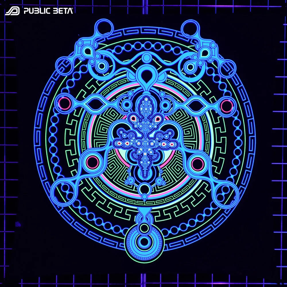 Wallhanging with UV-reactive psychedelic art print glowing under blacklight