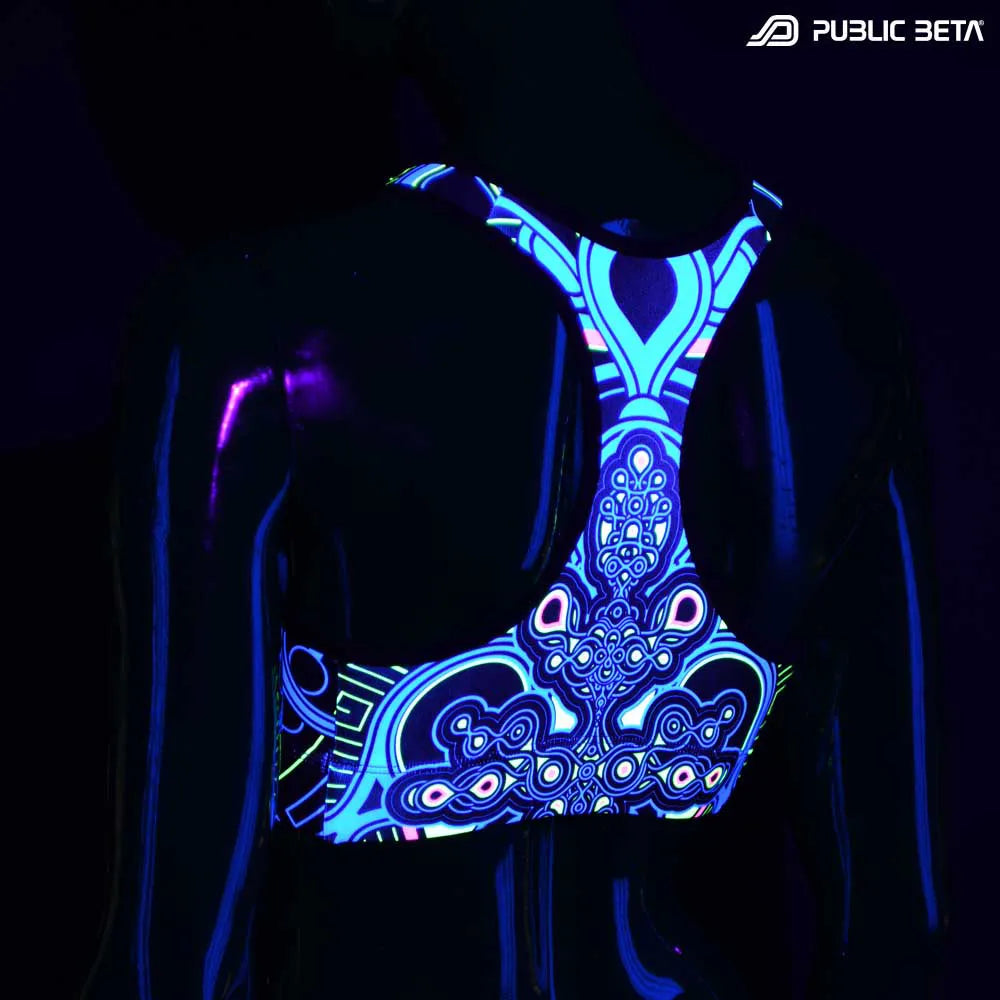 Active top with UV-reactive psychedelic print glowing under blacklight