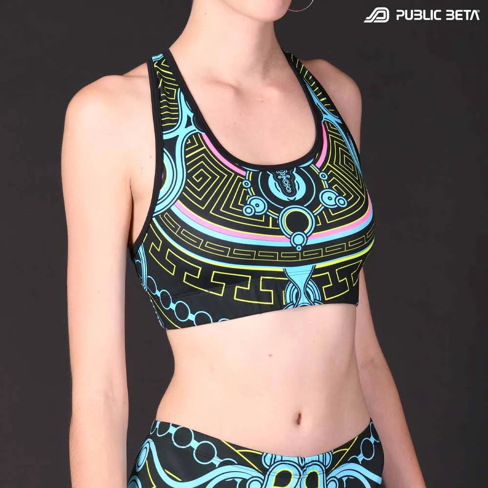 Active Top with UV-reactive printed graphics, photographed in natural light front