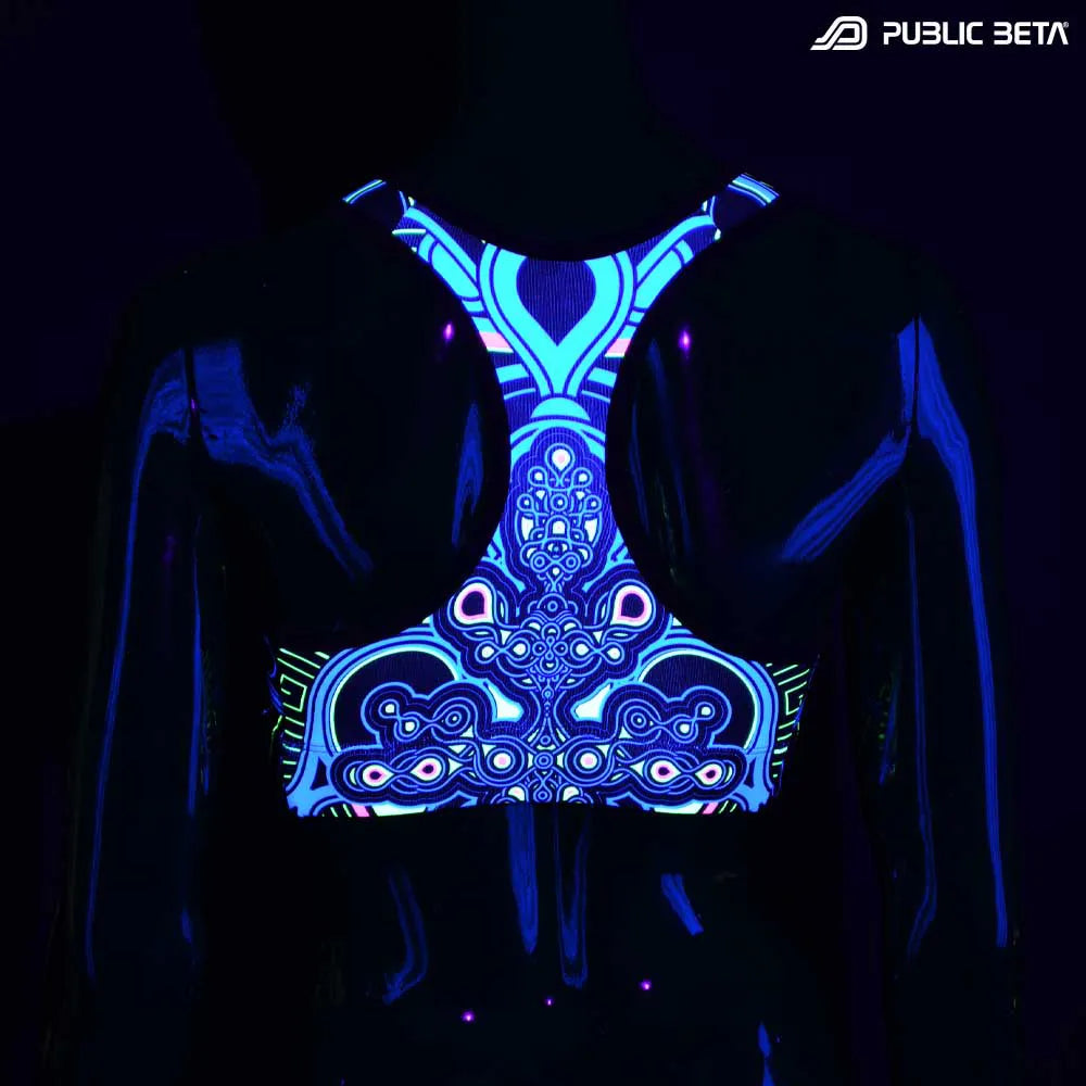 Active top with UV-reactive psychedelic art print glowing under blacklight front