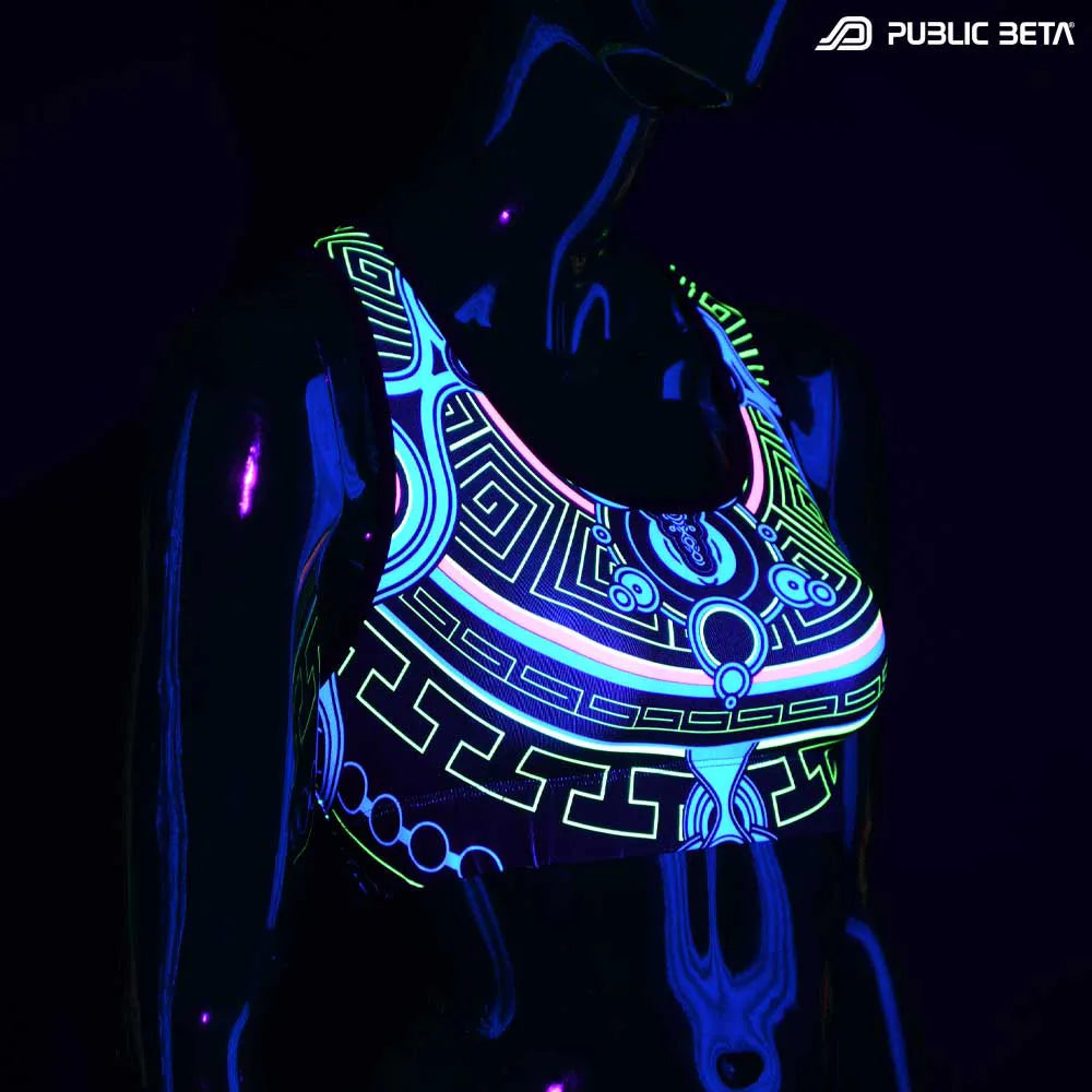 Active top with UV-reactive psychedelic art print glowing under blacklight front