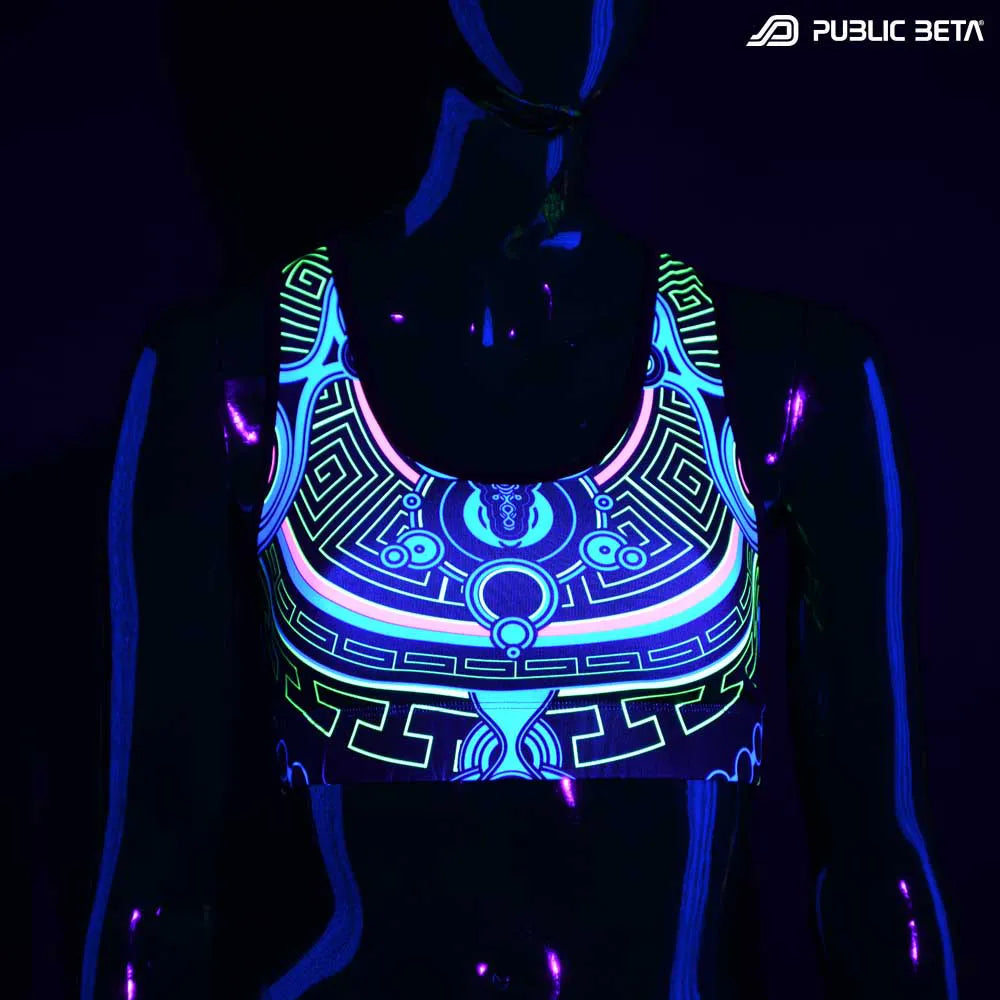 Active top with UV-reactive psychedelic art print glowing under blacklight front