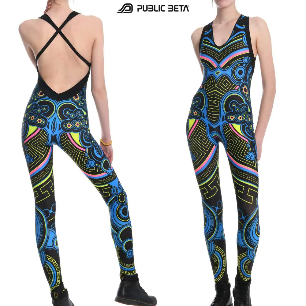 Model wearing a a Jumpsuit with UV-reactive printed graphics, photographed in natural light front and back side