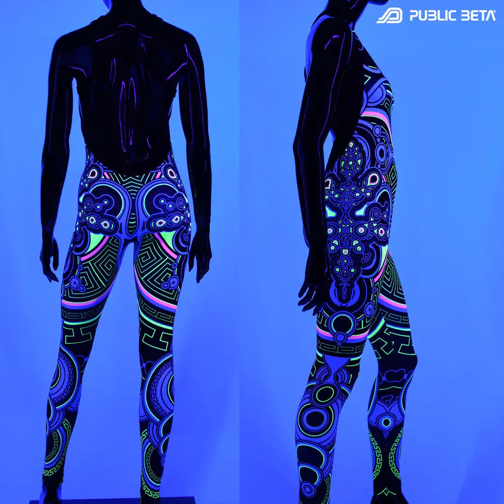 Jumpsuit with UV-reactive graphics glowing under blacklight side and back view
