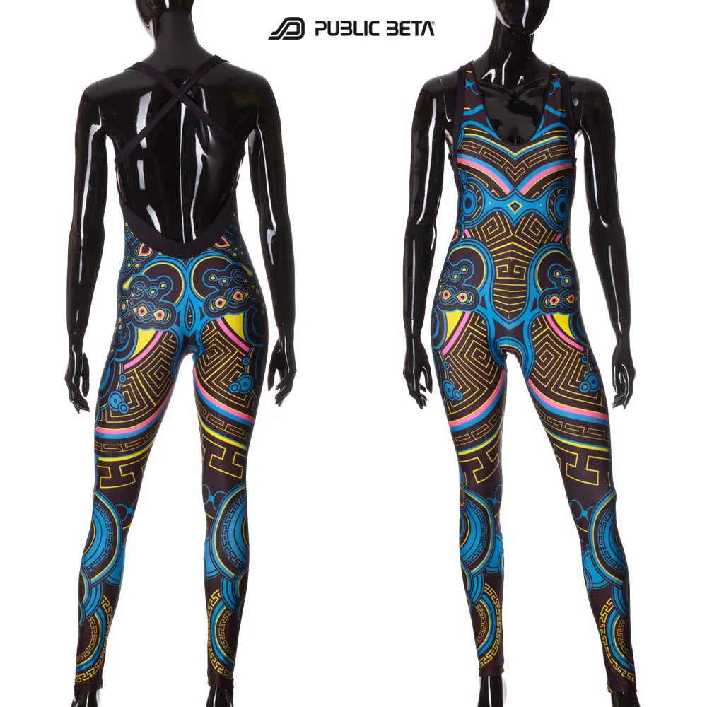 Jumpsuit with UV-reactive printed graphics, photographed in natural light front and back side