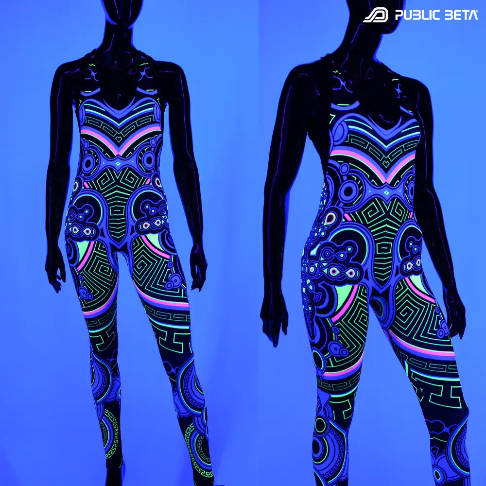 Jumpsuit with UV-reactive graphics glowing under blacklight front view
