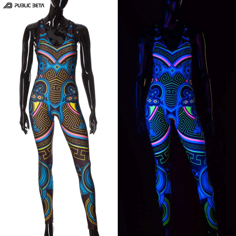 Jumpsuit with UV-reactive graphics glowing under blacklight front view