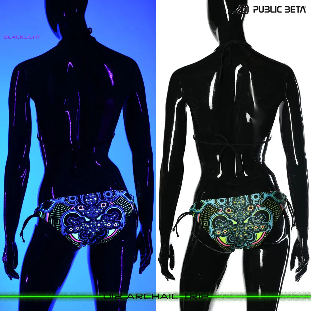 split image of a bikini shown in natural light and glowing under blacklight