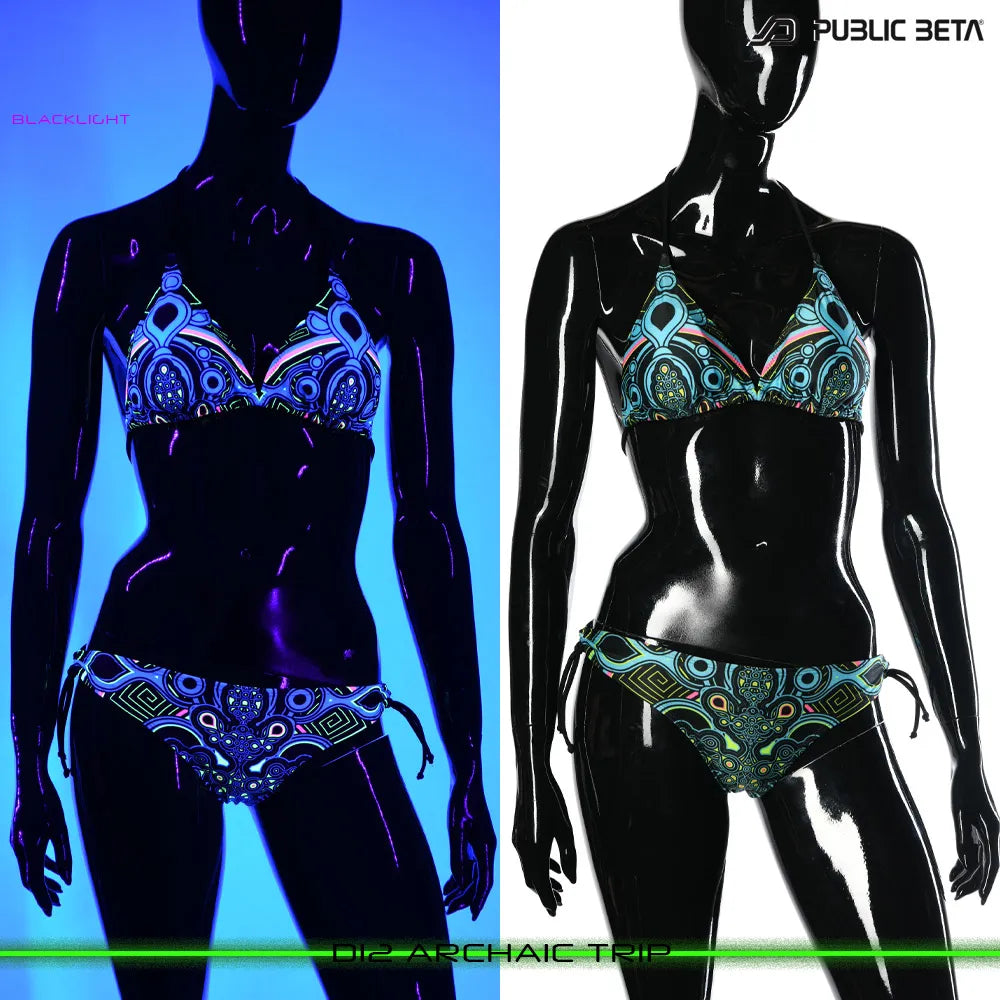 split image of a bikini shown in natural light and glowing under blacklight