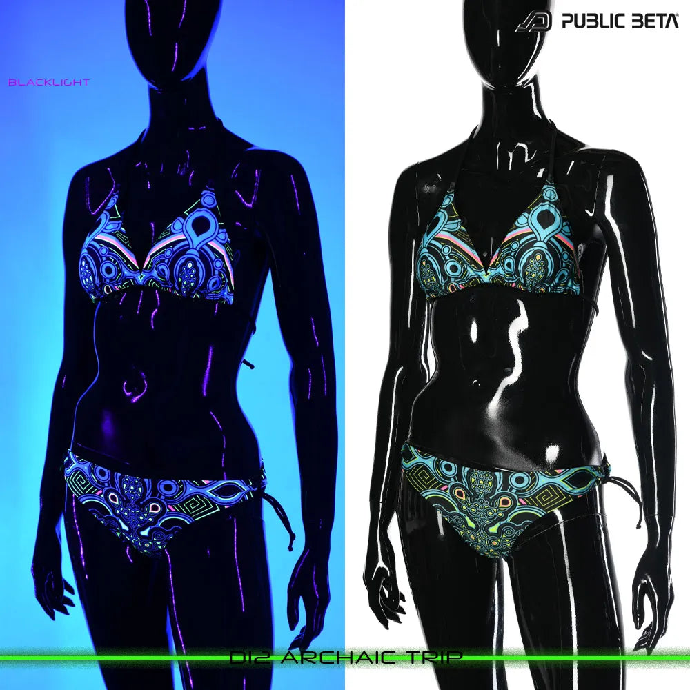 split image of a bikini shown in natural light and glowing under blacklight