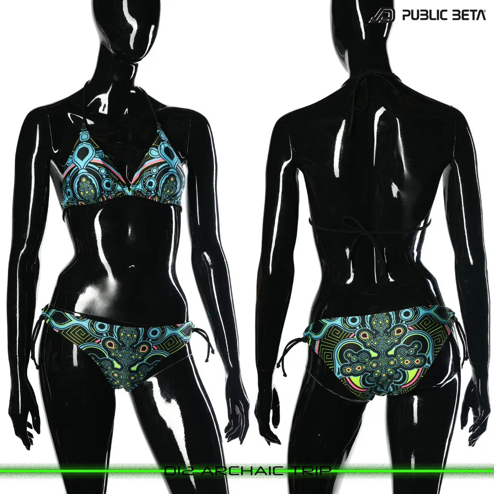 Bikini set with UV-reactive printed graphics, photographed in natural light