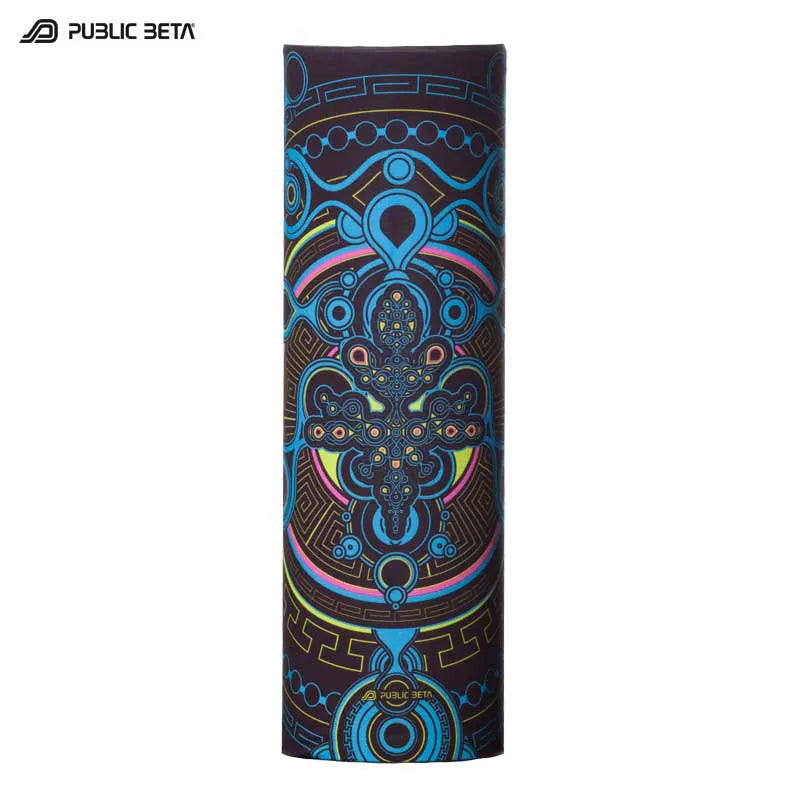 Tube scarf with organic UV-reactive print, photographed in natural light