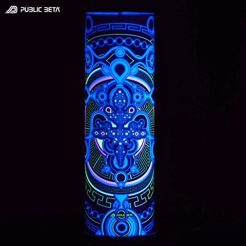 Tube scarf with geometric UV-reactive graphics glowing under blacklight