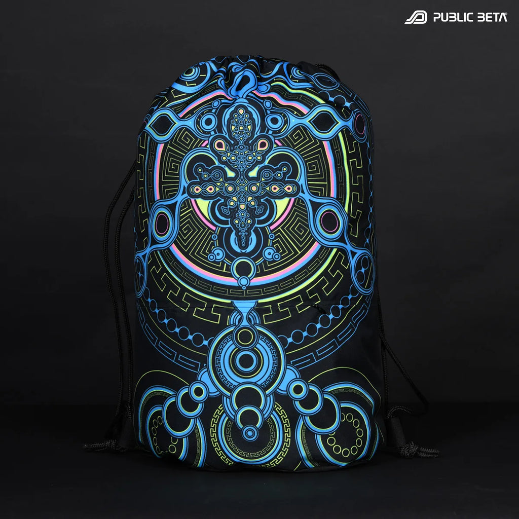 Drawstring bag with uv reactive psychedelic art print in natural light