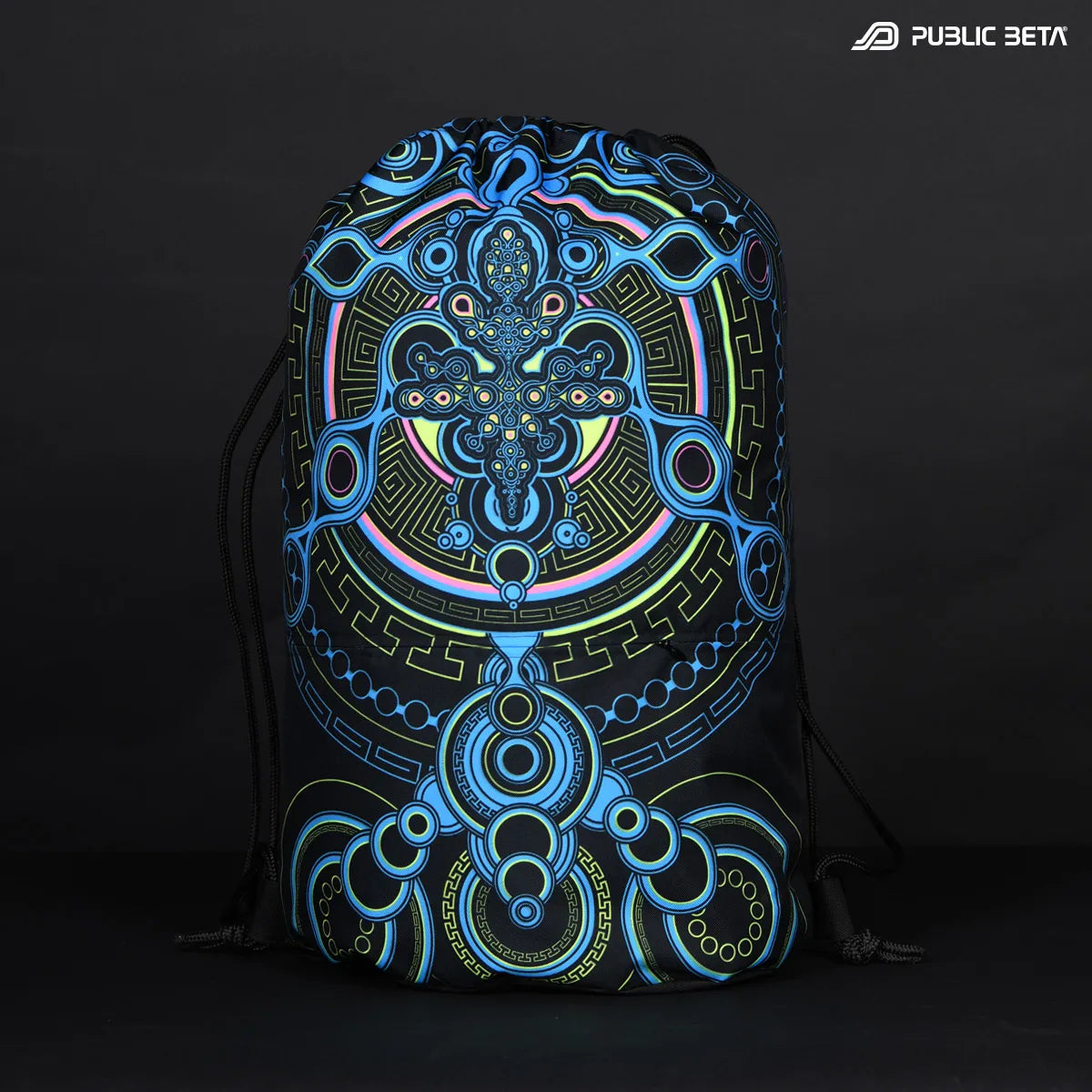 Drawstring bag with uv reactive psychedelic art print in natural light