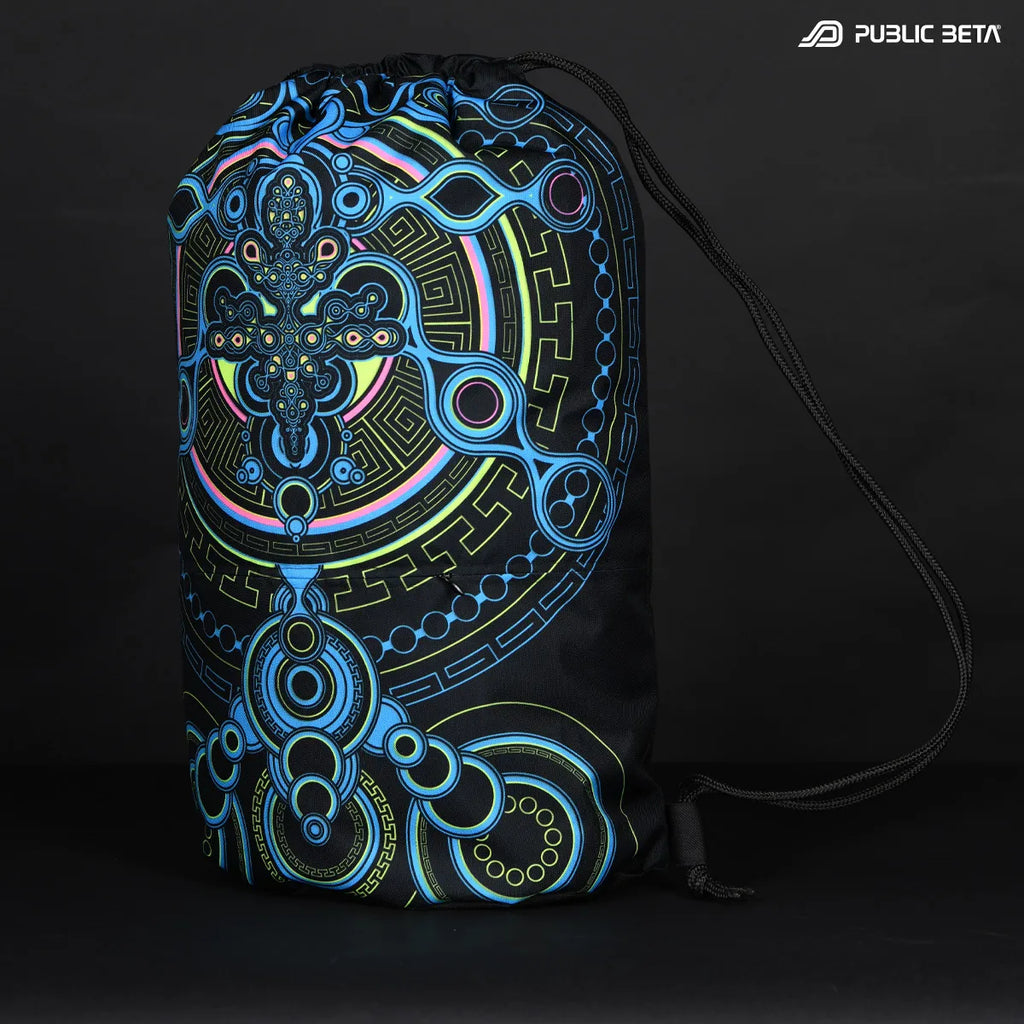 Drawstring bag with uv reactive psychedelic art print in natural light