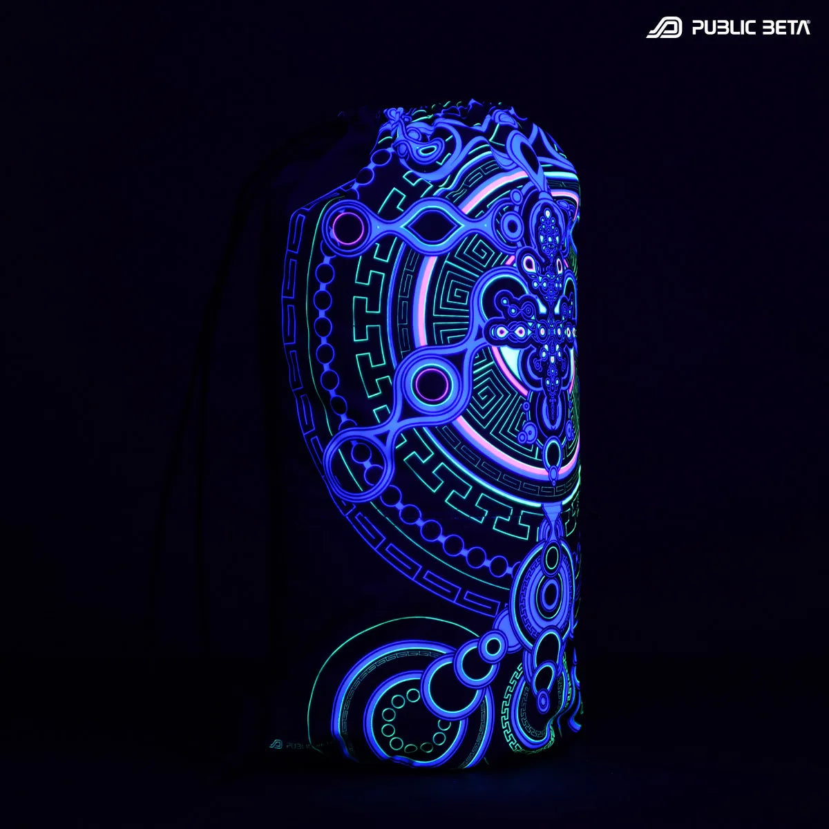 Drawstring bag with uv reactive psychedelic art print glowing under blacklight