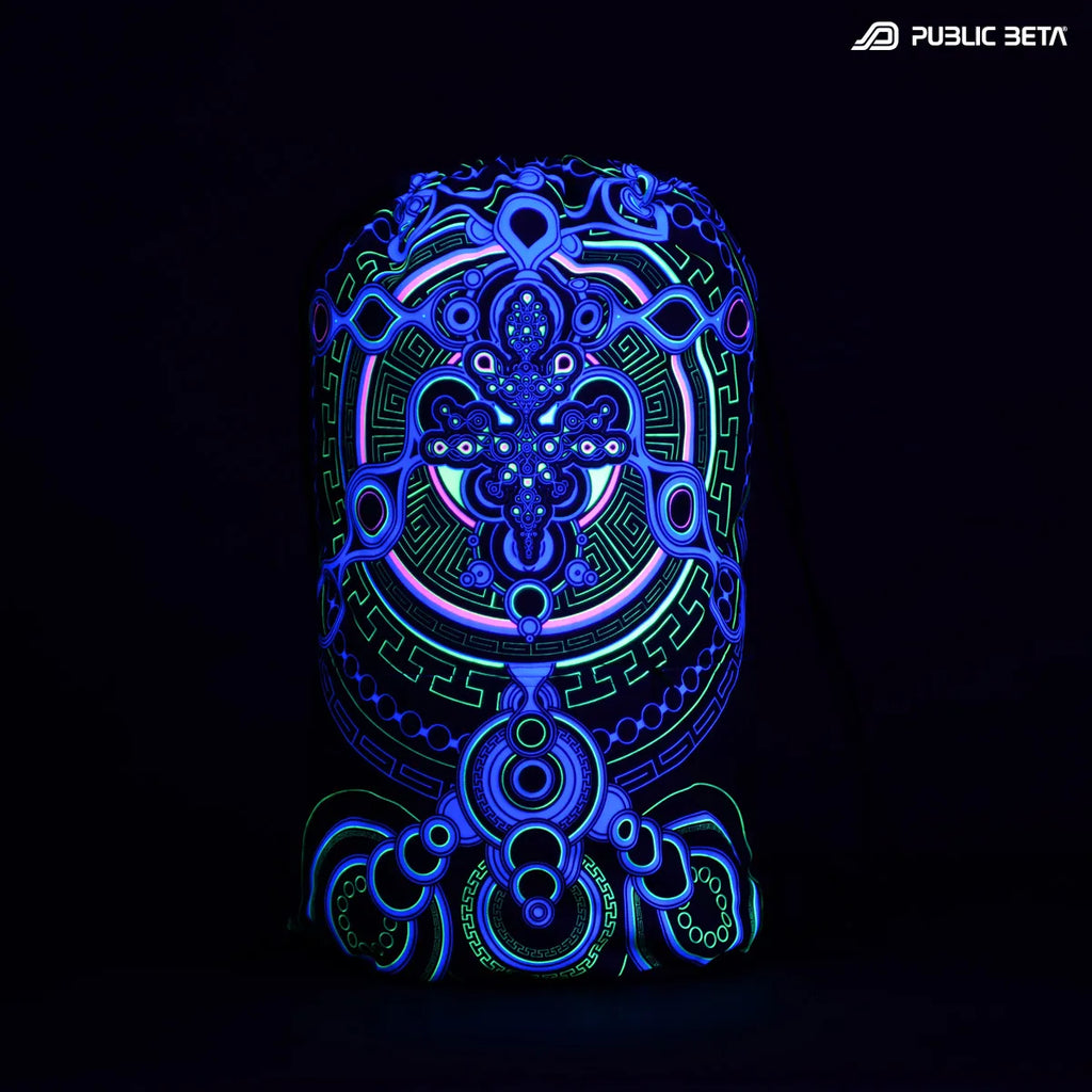 Drawstring bag with uv reactive psychedelic art print glowing under blacklight