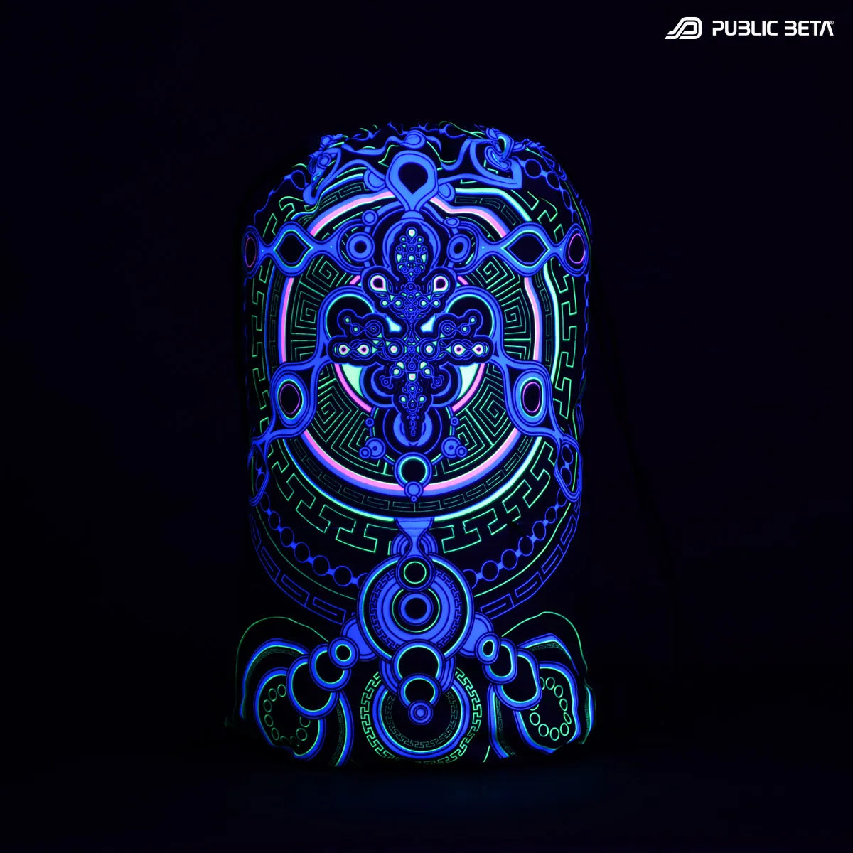Drawstring bag with uv reactive psychedelic art print glowing under blacklight