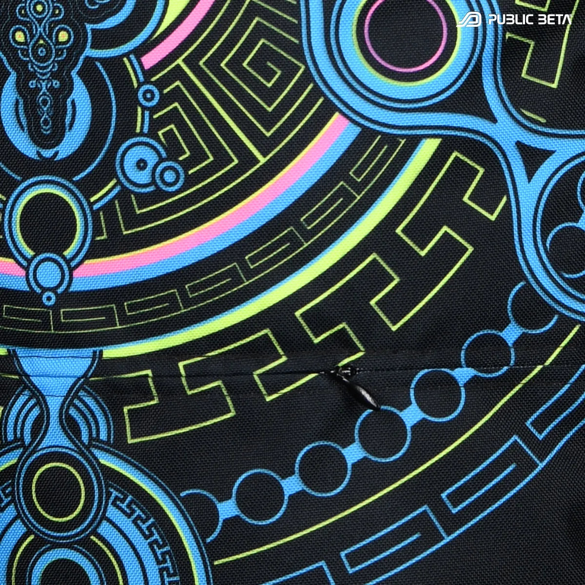 closeup of a Drawstring bag with uv reactive psychedelic art 