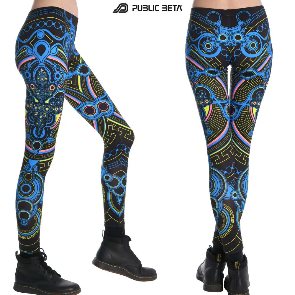 Leggings with UV-reactive psychedelic print glowing under blacklight