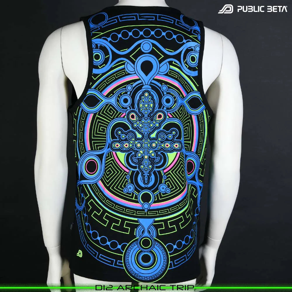 Sleeveless shirt with UV-reactive psychedelic art print, photographed in natural light