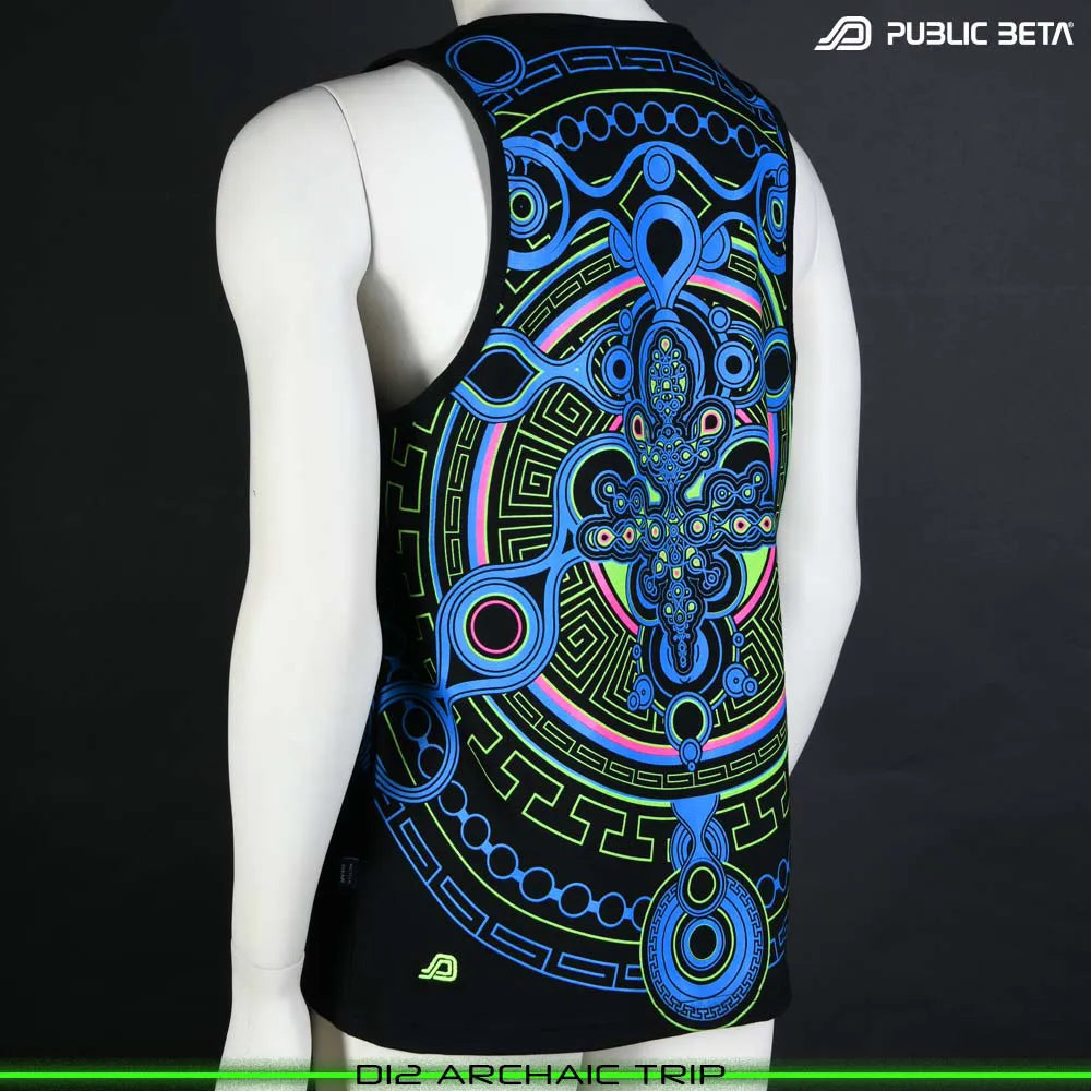 Sleeveless shirt with UV-reactive psychedelic art print, photographed in natural light
