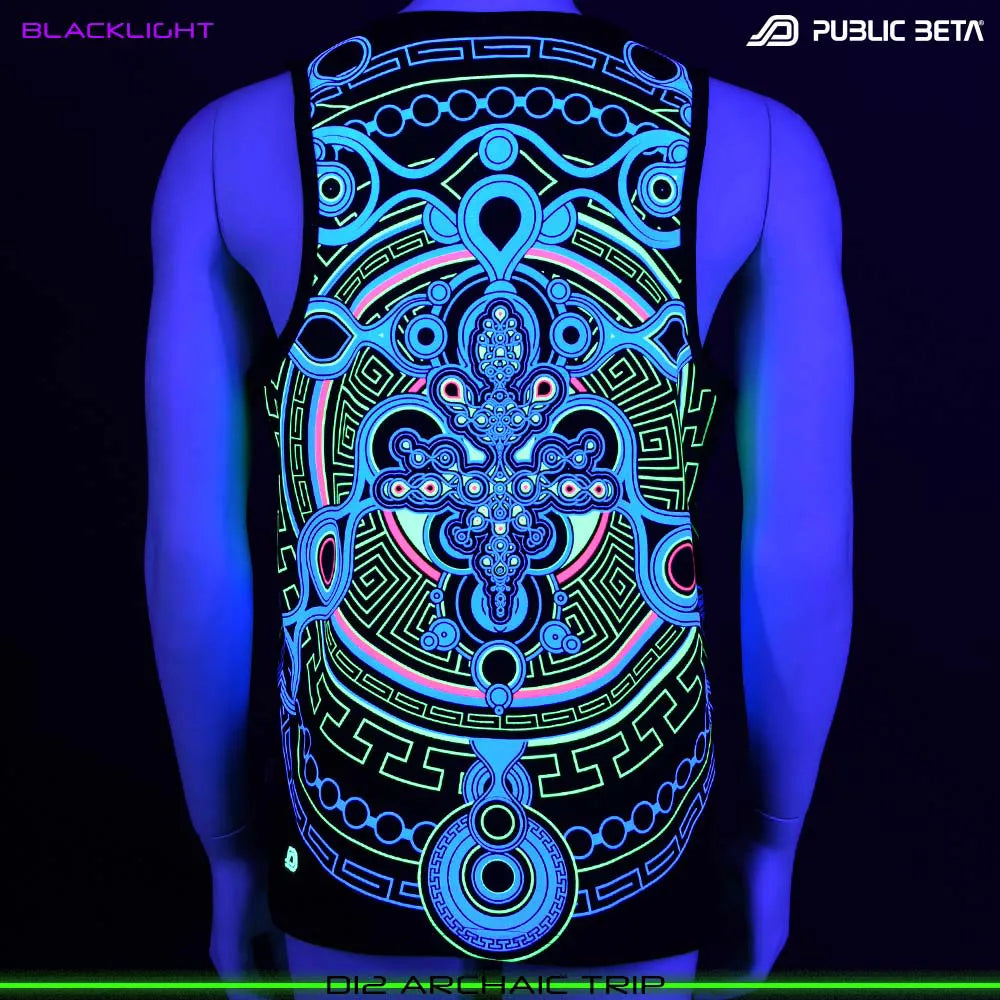 Sleeveless shirt with UV-reactive psychedelic art print glowing under blacklight