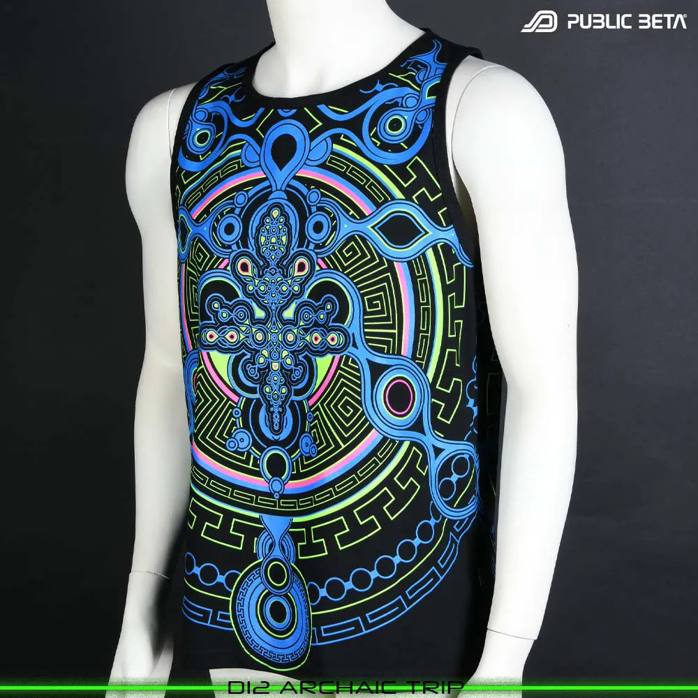 Sleeveless shirt with UV-reactive psychedelic art print, photographed in natural light