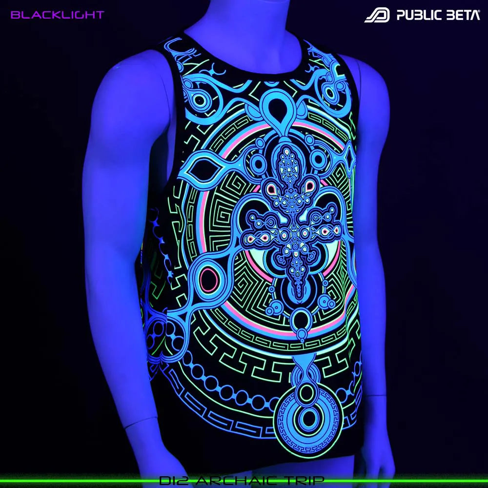 Sleeveless shirt with UV-reactive psychedelic art print glowing under blacklight