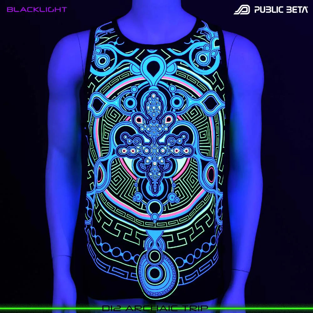 Sleeveless shirt with UV-reactive psychedelic art print glowing under blacklight