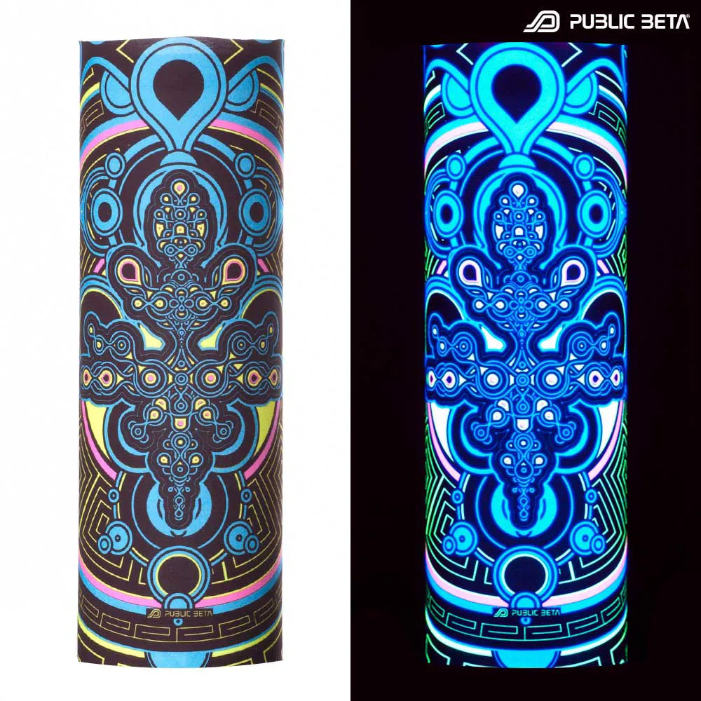 Split image of a tube scarf with uv-reactive graphics shown in natural light and glowing under blacklight