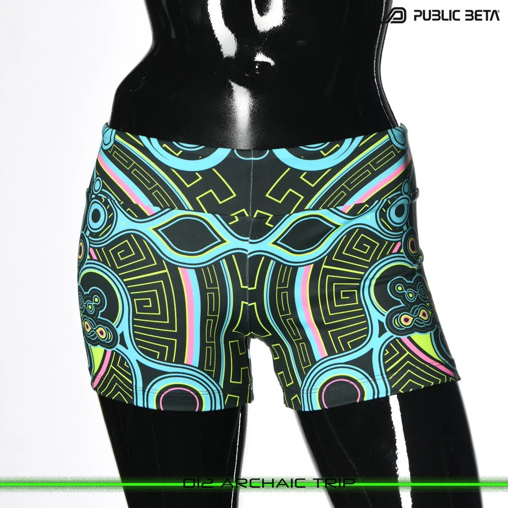 Women shorts with UV-reactive printed graphics, photographed in natural light front view