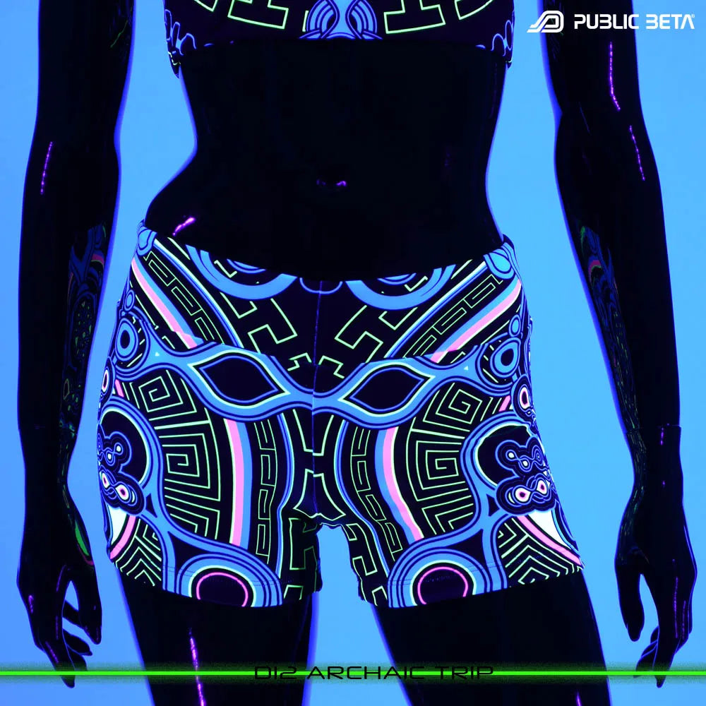 Shorts women with UV-reactive graphics glowing under blacklight front view