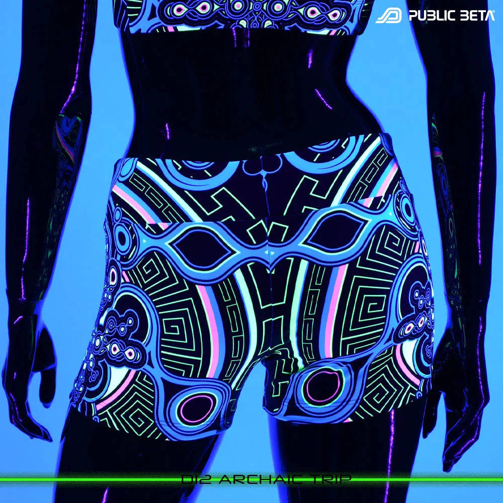 Shorts women with UV-reactive graphics glowing under blacklight back view
