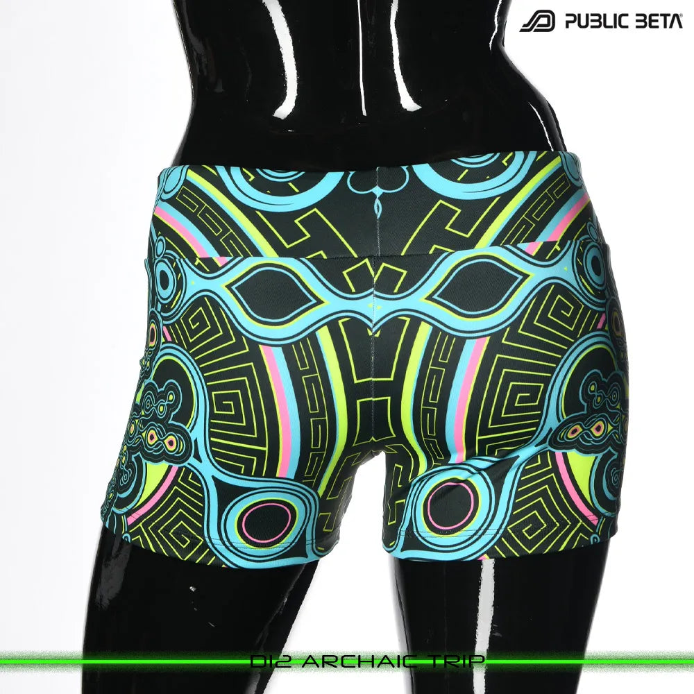Women shorts with UV-reactive printed graphics, photographed in natural light back view