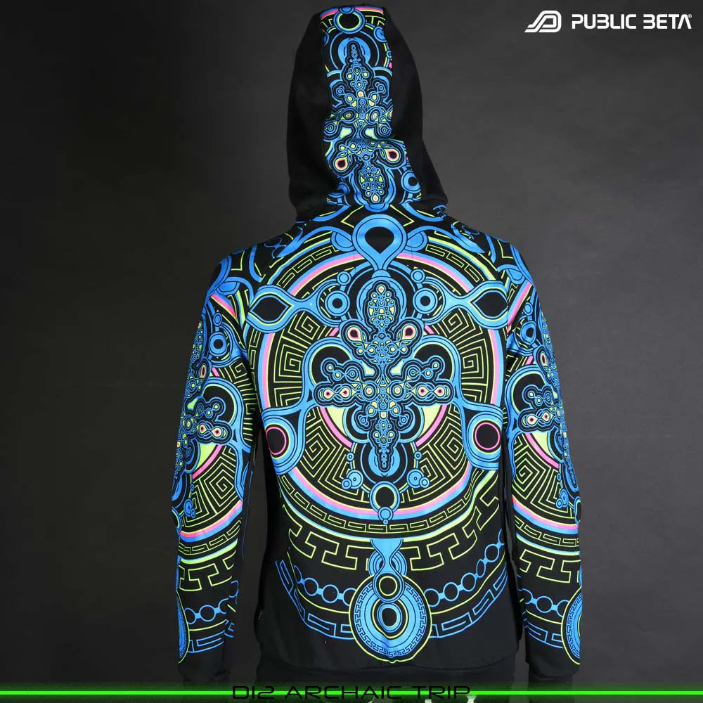 Hooded sweater women with UV-reactive printed graphics, photographed in natural light back side