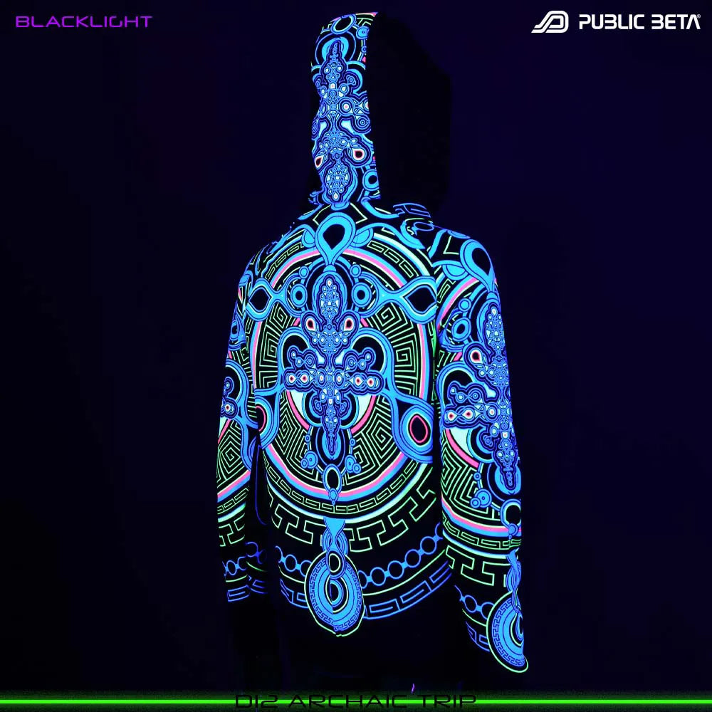 Hooded sweater women with UV-reactive graphics glowing under blacklight side view