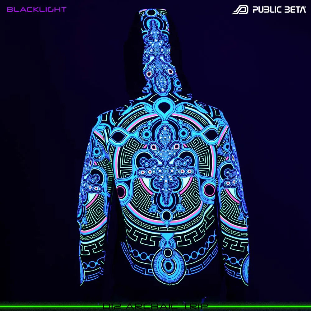 Hooded sweater women with UV-reactive graphics glowing under blacklight back view