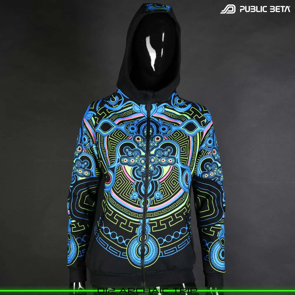 Hooded sweater women with UV-reactive printed graphics, photographed in natural light front side