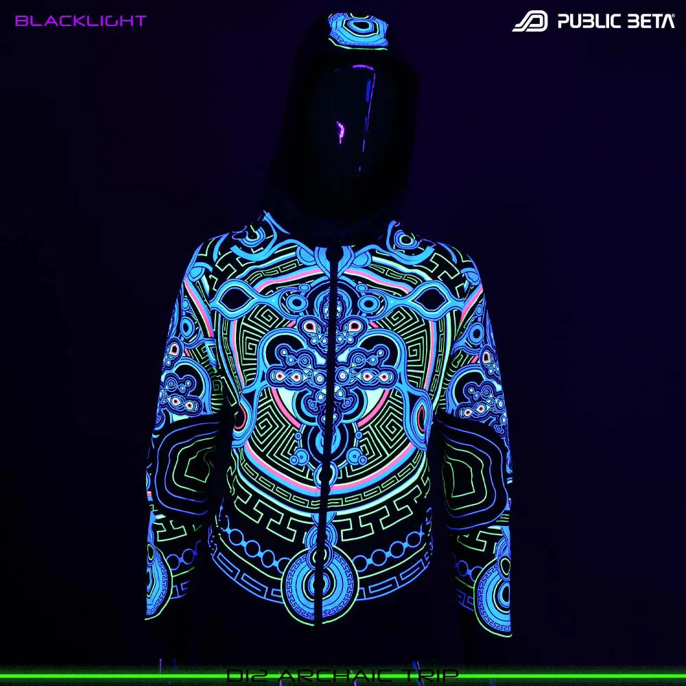 Hooded sweater women with UV-reactive graphics glowing under blacklight front view