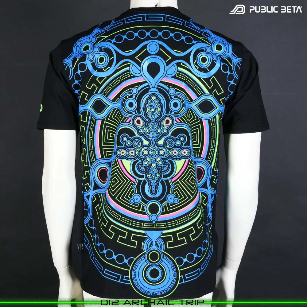 T-shirt with UV-reactive psychedelic art print, photographed in natural light