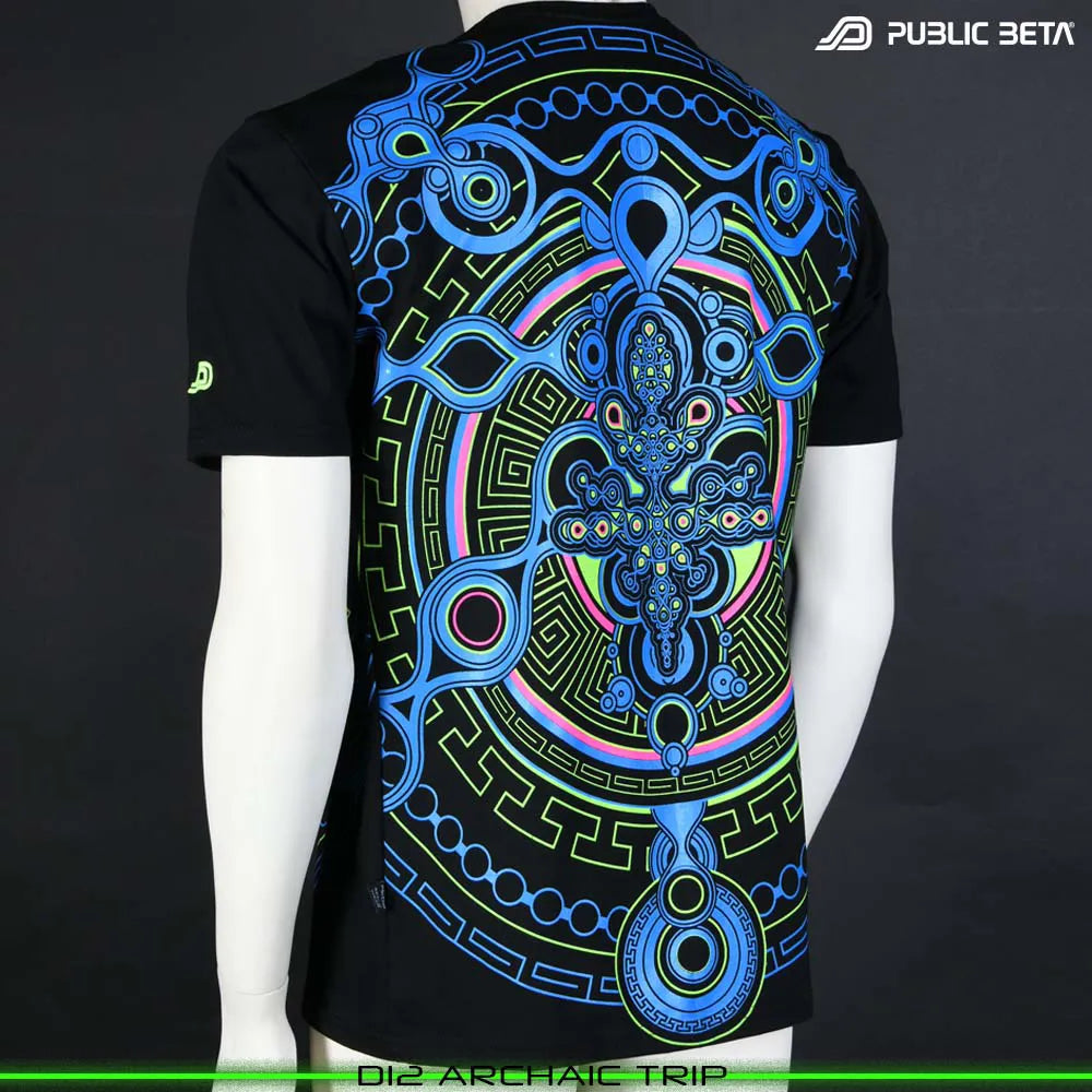 T-shirt with UV-reactive psychedelic art print, photographed in natural light