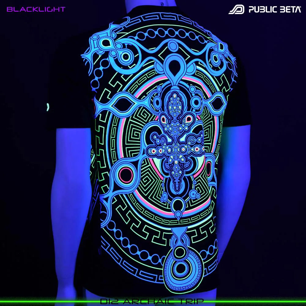 T-shirt with UV-reactive psychedelic art print glowing under blacklight