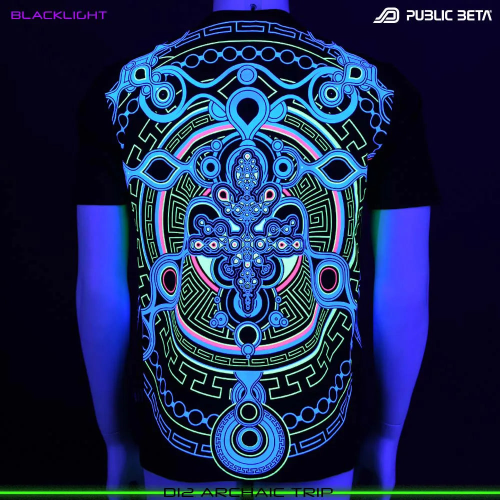 T-shirt with UV-reactive psychedelic art print glowing under blacklight