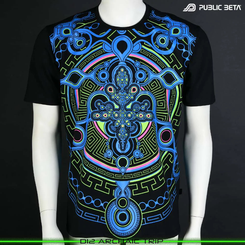 T-shirt with UV-reactive psychedelic art print, photographed in natural light