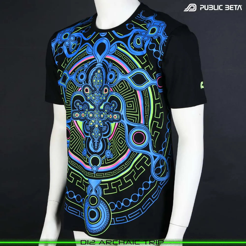 T-shirt with UV-reactive psychedelic art print, photographed in natural light