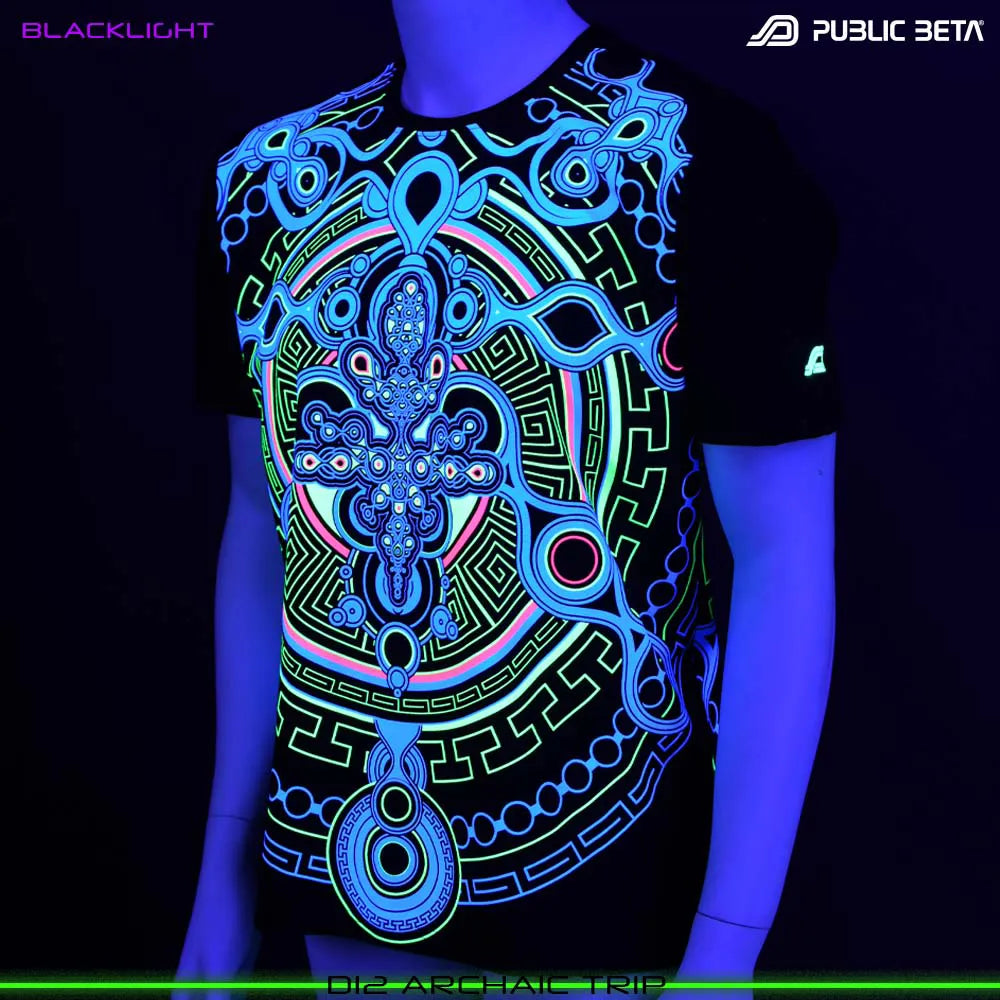 T-shirt with UV-reactive psychedelic art print glowing under blacklight