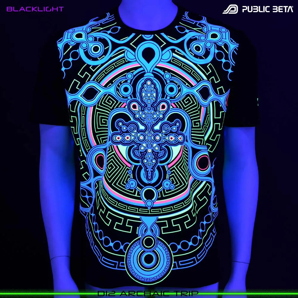 T-shirt with UV-reactive psychedelic art print glowing under blacklight